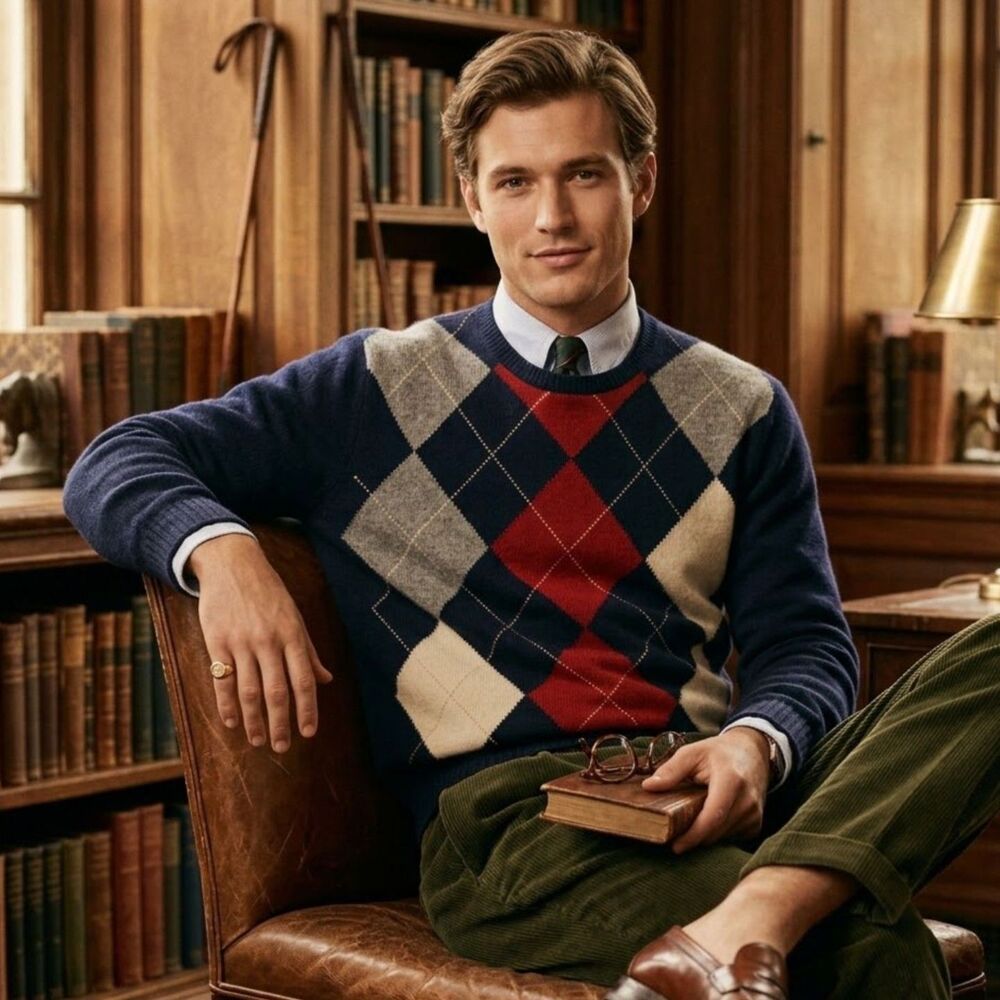 90s Club Room Lambswool Argyle Sweater Mens Sz L Navy Crewneck Ivy League Preppy